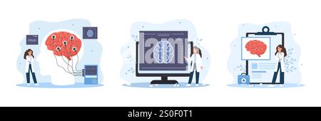 Neurologenkonzept. Ärztliche Diagnostik und Überwachung von Hirnerkrankungen. Forschungswissenschaftler. Neurologie oder Neurowissenschaft. Vektorsatz Stock Vektor