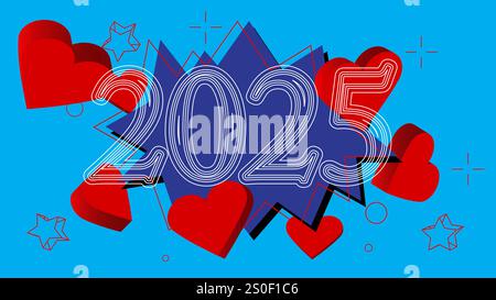 Herzen mit der Nummer 2025. Abstrakte Herz-Feiertag-Hintergrund-Zeichentrickillustration. Stock Vektor