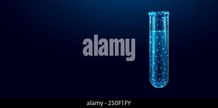 Reagenzglas, glühend blauer Lowpoly-Glaskolben auf dunklem Hintergrund. Vektor-Illustration Design Konzept für medizinische Industrie und Chemie Stock Vektor