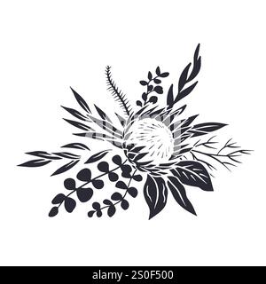 Schwarze Silhouette von tropischen Protea-Blumen und Blättern Bouquet Stock Vektor