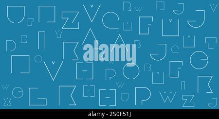 Verschiedene blaue Muster mit nach dem Zufallsprinzip platzierten, großen und ausgerichteten Art déco-Stil Bold Letters - Textur auf dunklem breitem Hintergrund, Design-Element für Web o Stock Vektor