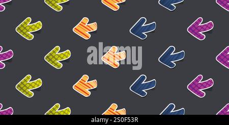 Muster vieler 3D-Pfeilsymbole in Papierschnitt in verschiedenen Farben: Lila, grün, blau und orange - Designvorlage in großem Maßstab Schwarz Hintergrund Stock Vektor