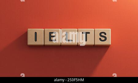 Zwischenablage mit IELTS-Text über Finanzdiagrammen. Business Analytics und Strategiekonzept. Nahaufnahme von Holzelementen, Business Concept Stockfoto