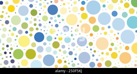 Abstraktes buntes Punktmuster - zufällig platzierte Spots und Kreise verschiedener Größen, Textur mit Copyspace, Generative Art, Retro Style Vector Desig Stock Vektor