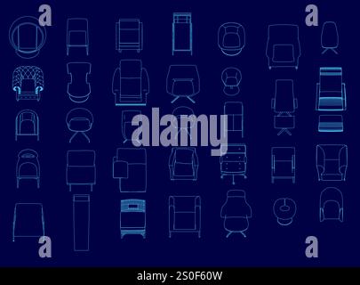 Sammlung blauer Zeichnungen verschiedener Stühle und Sofas. Die Stühle und Sofas haben alle verschiedene Formen und Größen, aber sie haben alle eine ähnliche Auslegung Stock Vektor