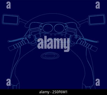 Blaue Zeichnung eines Motorrads mit Rahmen. Das Motorrad wird von der Seite und von der Vorderseite gezeigt. Die Vorderansicht zeigt den Lenker und die Vorderseite Stock Vektor