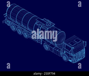 Blauer Lkw mit blauem und weißem Hintergrund. Der Lkw ist ein großer Tankwagen Stock Vektor