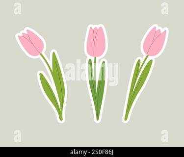 Aufkleber mit rosa Tulpen, isoliert. Handgemachte Tulpen. Vektorabbildung Stock Vektor