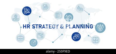 HR-Strategie und Planungskonzept mit Symbolsatz Personalmanagement systematische Datenkommunikation Verbindungsbeziehung Stock Vektor