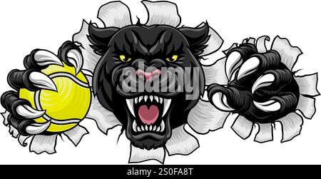 Schwarzer Panther Leopard oder jaguar Cat Tennis-Sportteam-Maskottchen mit Ball Stock Vektor