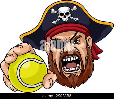 Ein Piratenmann, der Tennis Ball Sport Team Cartoon Charcater Maskottchen Illustration hält. Stock Vektor