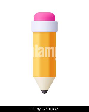 Gelber Bleistift mit rosa Radiergummi. Bildung, Schreibwaren, Schulkonzept. Symbol für 3D-Vektor. Minimaler Cartoon-Style. Stock Vektor