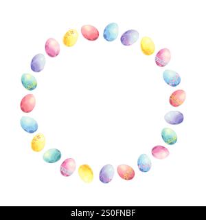 Aquarell-osterkranz von farbigen Eiern isoliert auf weißem Hintergrund. Handgezeichnete minimalistische Komposition in Kreisform. Perfekt für Einladungen Stockfoto