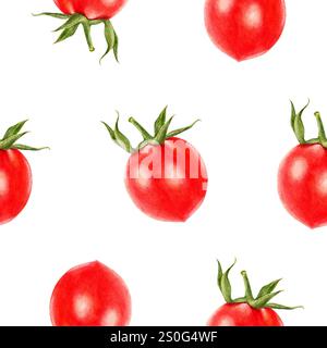 Handgemaltes Aquarell nahtloses Gemüsemuster von Kirschtomaten auf weiß Stockfoto