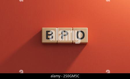 Drei Holzwürfel mit den Buchstaben BPO.Nahaufnahme von Holzelementen, Business Concept.3D-Rendering auf rotem Hintergrund. Stockfoto