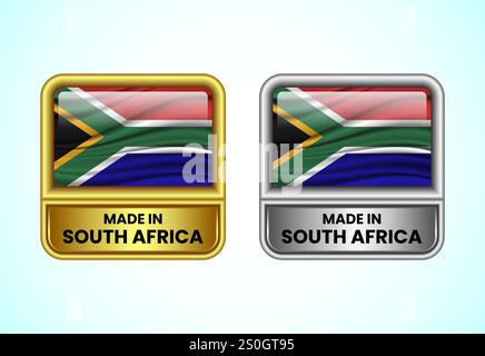 Made in South Africa – das Label ist in Gold und Silber gehalten. Flaggensymbolgruppe für Unternehmen Stock Vektor