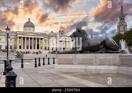 Lion Statue, Trafalgar Square mit St. Martins in the Field, National Gallery, West End, London, England, UK Stockfoto