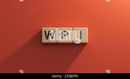 Holzwürfel mit dem Wort WPI.Nahaufnahme von Holzelementen,Business Concept.3D-Rendering auf rotem Hintergrund. Stockfoto