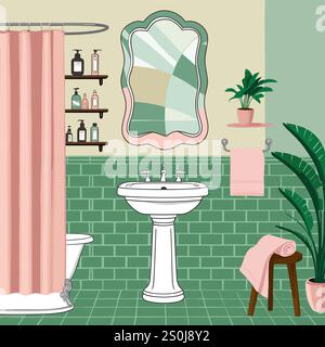 Modernes Badezimmer mit grünen Fliesenwänden Stock Vektor