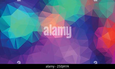 Ein lebendiger und farbenfroher abstrakter Hintergrund mit einer dynamischen Anordnung dreieckiger Formen in Grün-, Blau-, Lila- und Orange-Tönen. Stock Vektor