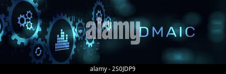 DMAIC Definieren, Messen, Analysieren, verbessern und Steuern der Prozessverbesserungsmethodik auf einem breiten Banner, einem Geschäfts- und Technologiekonzept. Stockfoto