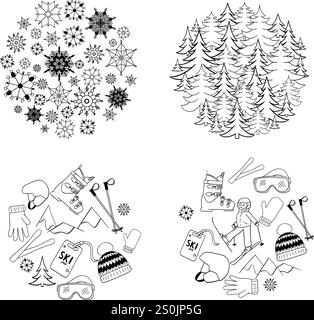 Wintersportlicher Kreis rund Komposition Set grafische Linie Illustration. Vektorkomposition Skigebiet Wintersaison monochrom Stock Vektor
