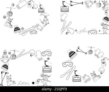 Graphic Line Ovalrahmen Set mit Skiausrüstung Ski, Stiefel, Sonnenbrille, Hut, Handschuhe, Fäustling im grafischen Stil. Vektorgrafik-Linienvorlage auf tra Stock Vektor