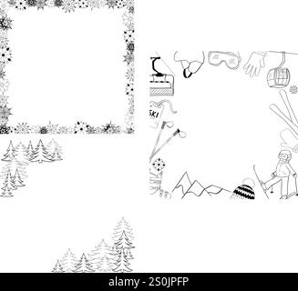 Grafische Linie Vektor quadratischer Rahmen Set mit Winter Elemente Ski Ausrüstung, Schneeflocken und Kiefernwald. Winterrahmen Schnee mit transparentem Hintergrund Stock Vektor