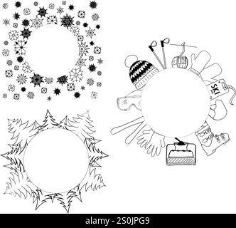 Skisport Vektor-Logo-Illustration Vorlage Kreis runder Rahmen Set Symbol grafische Linie Design. Schneeflocken, Kiefernwald, Skibrille Ski Stick Symbo Stock Vektor