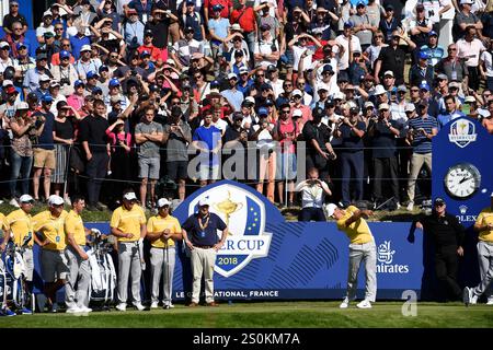 27. September 2018; Paris, FRA; während einer Ryder Cup-Übungsrunde im Le Golf National. Stockfoto