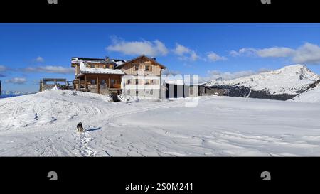 Pale di San Martino e il Cimon della Pala sulle dolomiti viste dal Passo Rolle durante giornata di Sole e cielo blu -paesaggio innevato Stockfoto