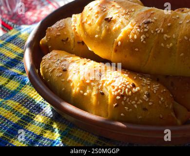 Hot Dog im Teig auf einer Keramikplatte, in den Sonnenstrahlen. Köstliches Gebäck zum Abendessen. Hausgemachte Würstchen im Teig. Stockfoto