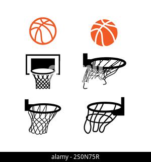 Basketballset. Basketball-Emblem, Ball, Korb, Skizze Vektor Illustration Stock Vektor