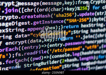 Cybersicherheit. Die Abbildung zeigt Zeilen mit Computercode oder Binärdaten, die in ein Skript oder eine Datei geschrieben wurden. Stockfoto