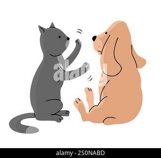 Eine Katze und ein Hund spielen und kämpfen Stock Vektor
