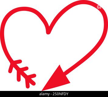 Stilvolles rotes Herz, durchbohrt von Cupids Pfeil, bildet eine fesselnde Herzform, symbolisiert Liebe, Romantik, Valentinstag und tiefe Leidenschaft dazwischen Stock Vektor