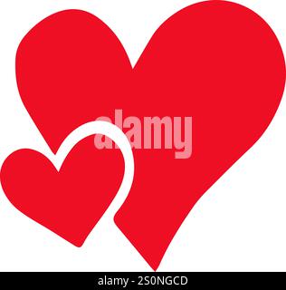 Zwei leuchtende, leuchtend rote Herzen überlagern sich und bilden ein größeres, einheitliches Symbol für Liebe und Verbundenheit, ideal für Valentinstag oder romantische Designs Stock Vektor