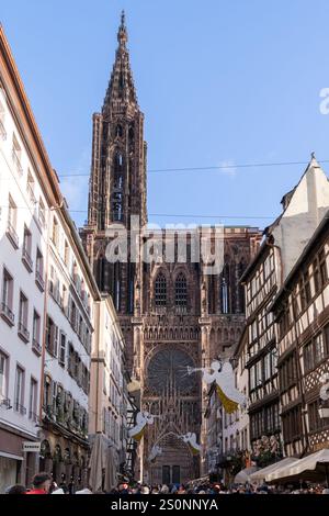 Straßburg, Frankreich - 6. Dezember 2024: Sehr überfüllte Straßen während der Weihnachtsmärkte, Blick auf die Kathedrale Notre Dame Stockfoto