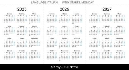 2025, 2026, 2027 italienische Kalender (calendario italiano). Einfache editierbare Vektor-Illustration Jahressatz für Italien Stock Vektor
