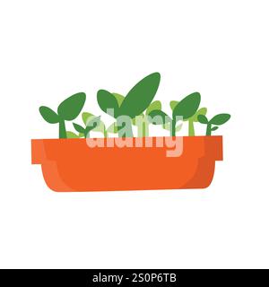 Ein orangener rechteckiger Pflanztopf mit verschiedenen grünen Setzlingen in verschiedenen Wachstumsstadien. Es ist ideal für Themen wie Gartenarbeit, Wachstum und Natur Stock Vektor