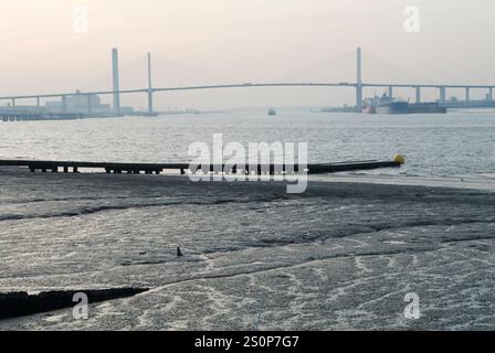 Die Dartford Bridge überquert die Themse von Greenhithe Dartford Kent aus gesehen (links) England 1991 990er Jahre HOMER SYKES Stockfoto