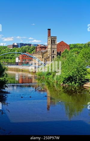 Großbritannien, South Yorkshire, River Don, New Testament of God Church und Aizlewoods Mill. Stockfoto