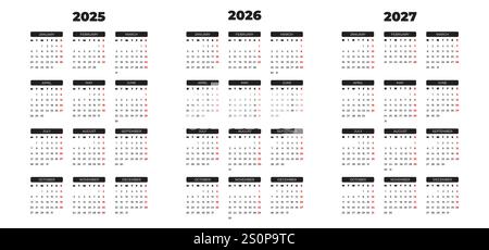 Kalender für 2025 2026 und 2027 Jahre Stock Vektor