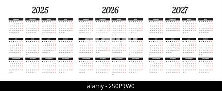 Monatskalender 2025 2026 und 2027 Stock Vektor