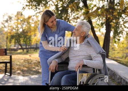 Betreuungsperson hilft Senioren im Rollstuhl im Park. Häuslicher Gesundheitsdienst Stockfoto