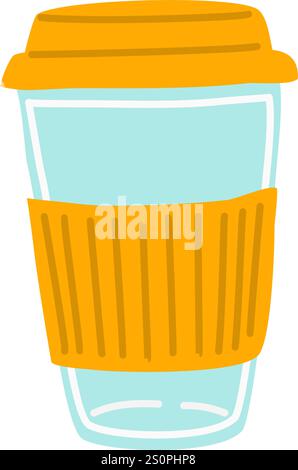 Wiederverwendbare Kaffeetasse mit orangefarbenem Deckel und Schutzhülle zum Schutz der Hände vor Hitze, Förderung von Nachhaltigkeit und umweltfreundlichen Verfahren zum Genießen Stock Vektor