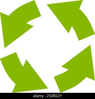 Vier grüne Pfeile, die sich im Uhrzeigersinn drehen, stehen für Konzepte der Kreislaufwirtschaft, des Recyclings und der ökologischen Nachhaltigkeit im Gegensatz zu einem sauberen weiß Stock Vektor