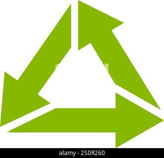Drei leuchtende grüne Pfeile, die sich im Uhrzeigersinn drehen und ein dreieckiges Recycling-Symbol bilden, das den kontinuierlichen Prozess der Wiederverwendung von Ressourcen und Abfall darstellt Stock Vektor