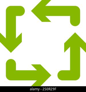 Vier grüne Pfeile, die sich im Uhrzeigersinn drehen, bilden eine nahtlose Schleife, die einen zyklischen Prozess unendlicher Erneuerung und Dynamik darstellt Stock Vektor