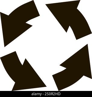 Vier schwarze Pfeile, die sich in einer kreisförmigen Bewegung drehen und einen kontinuierlichen Zyklus oder Prozess darstellen, der die Konzepte von Fluss, Erneuerung und Endlosung verkörpern Stock Vektor